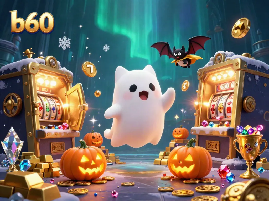 B60 gambling adventure featuring a friendly ghost cat in a haunted casino surrounded by jackpot games.