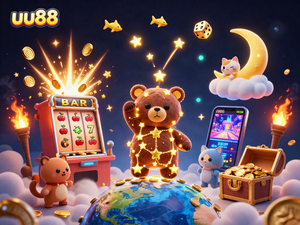 Experience the thrills of uu88 with a vibrant casino-themed illustration bursting with game elements and characters.