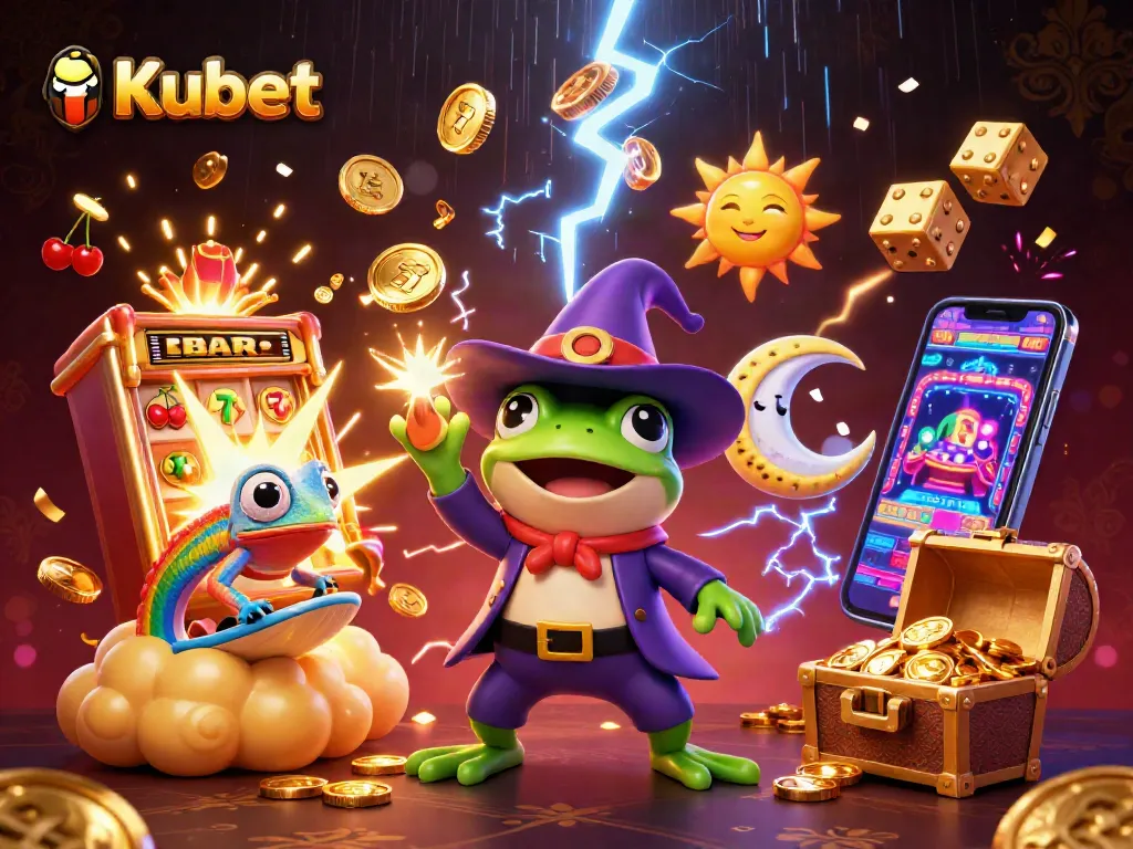 Kubet engages players with vibrant 3D casino illustration showcasing a wizard frog, chameleon, and dynamic game elements.