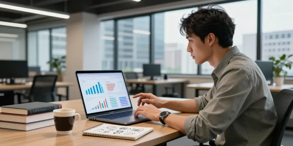 Content strategist analyzing UploadArticle.com metrics in a modern office setting with engaging visuals.