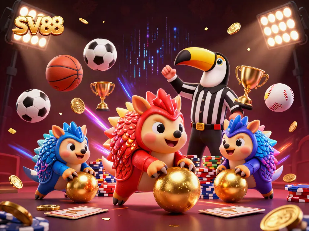 Engaging 3D scene showcasing SV88 pangolins in a high-energy casino setting, emphasizing sports and gambling.