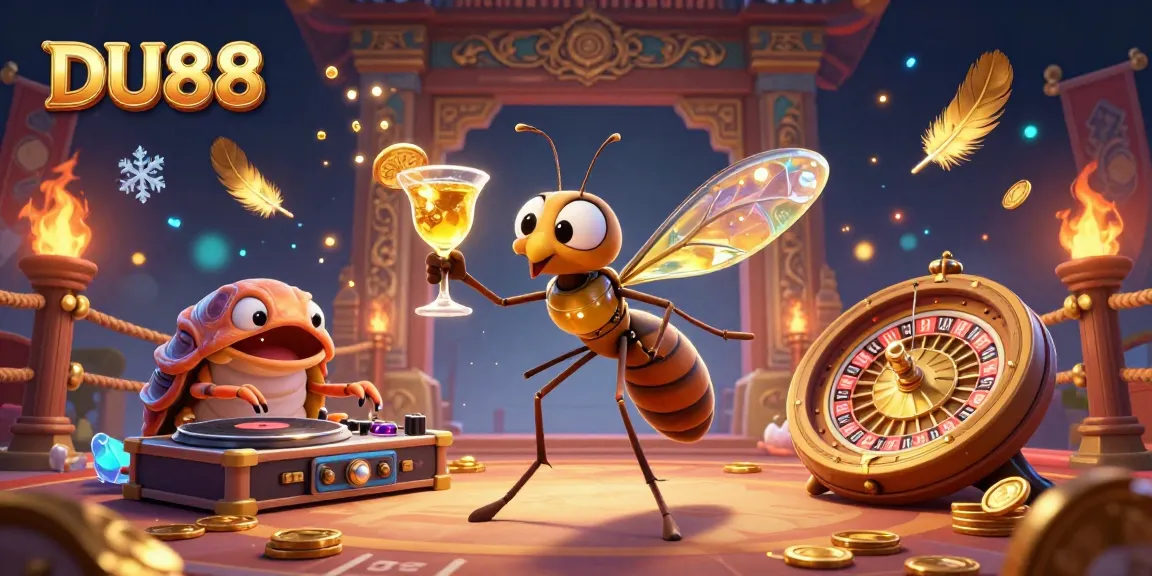 Experience DU88 excitement with the casino mascot in an animated scene featuring a vibrant roulette wheel and golden elements.