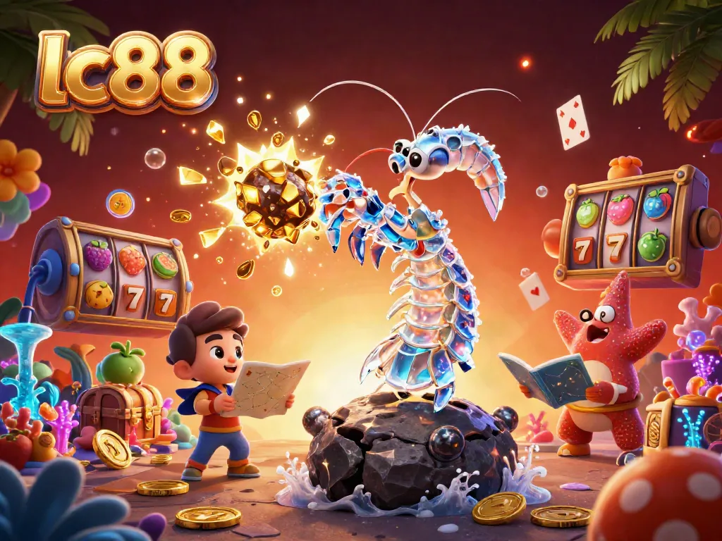 lc88 engaging with vibrant slots and casino gems in an ultra-detailed 3D illustration.