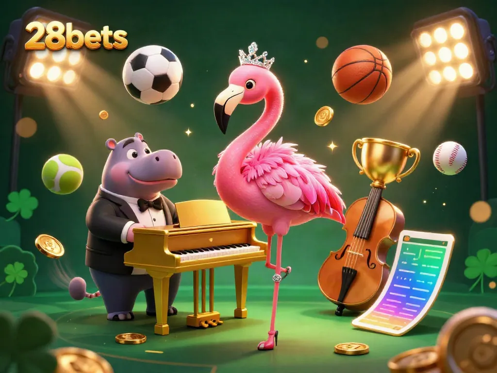 Bet on 28bets with engaging visuals of a flamingo singer and dynamic sports elements in a vibrant casino.