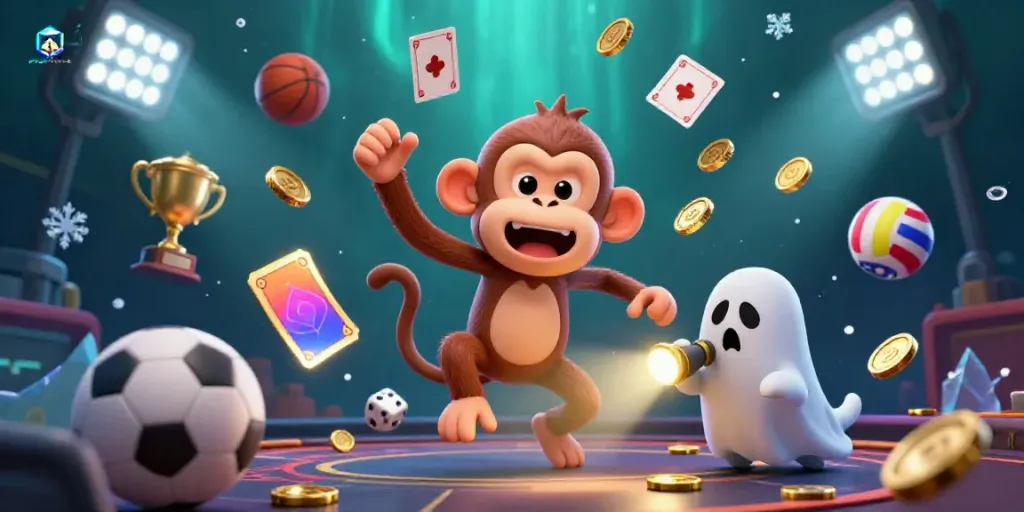Experience the thrilling playb52club action with a mischievous monkey and a curious puppy in a haunted casino.
