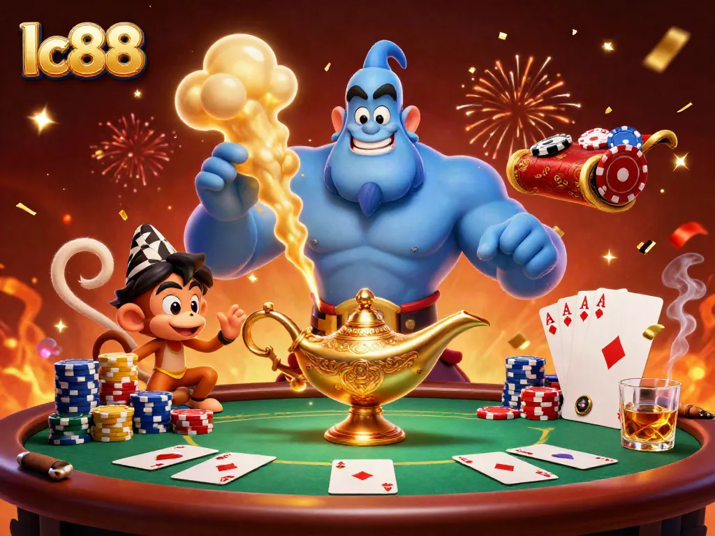 Experience thrilling gaming at lc88 with a dynamic scene featuring poker chips and vibrant characters.
