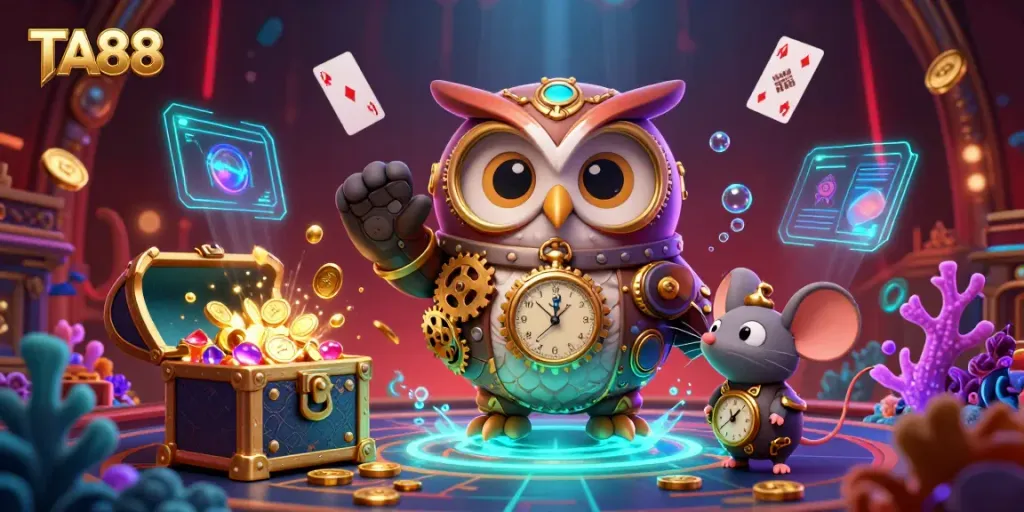 Experience the excitement of TA88 with a vibrant steampunk casino scene featuring dynamic gaming elements.