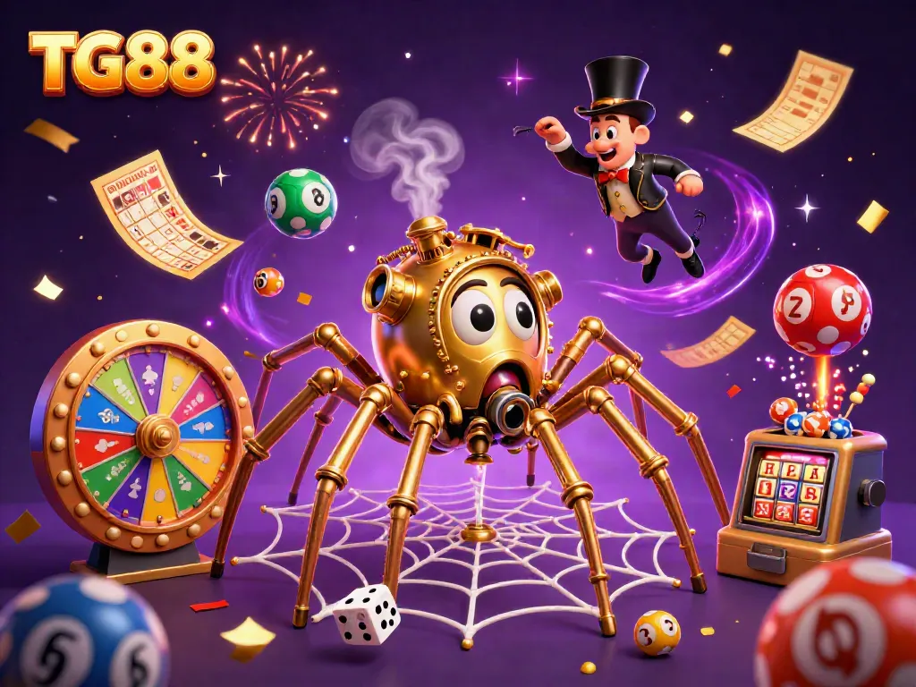 The dynamic scene of TG88 showcases a golden spider delicately weaving a web of chance while striking casino elements capture attention.