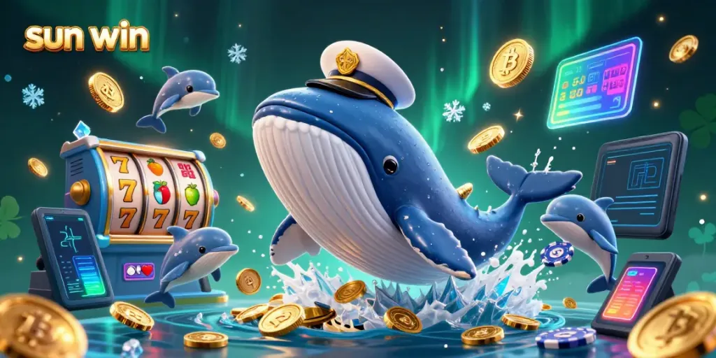 Win big with Sun Win in this vibrant 3D casino scene filled with coins and high-energy characters.