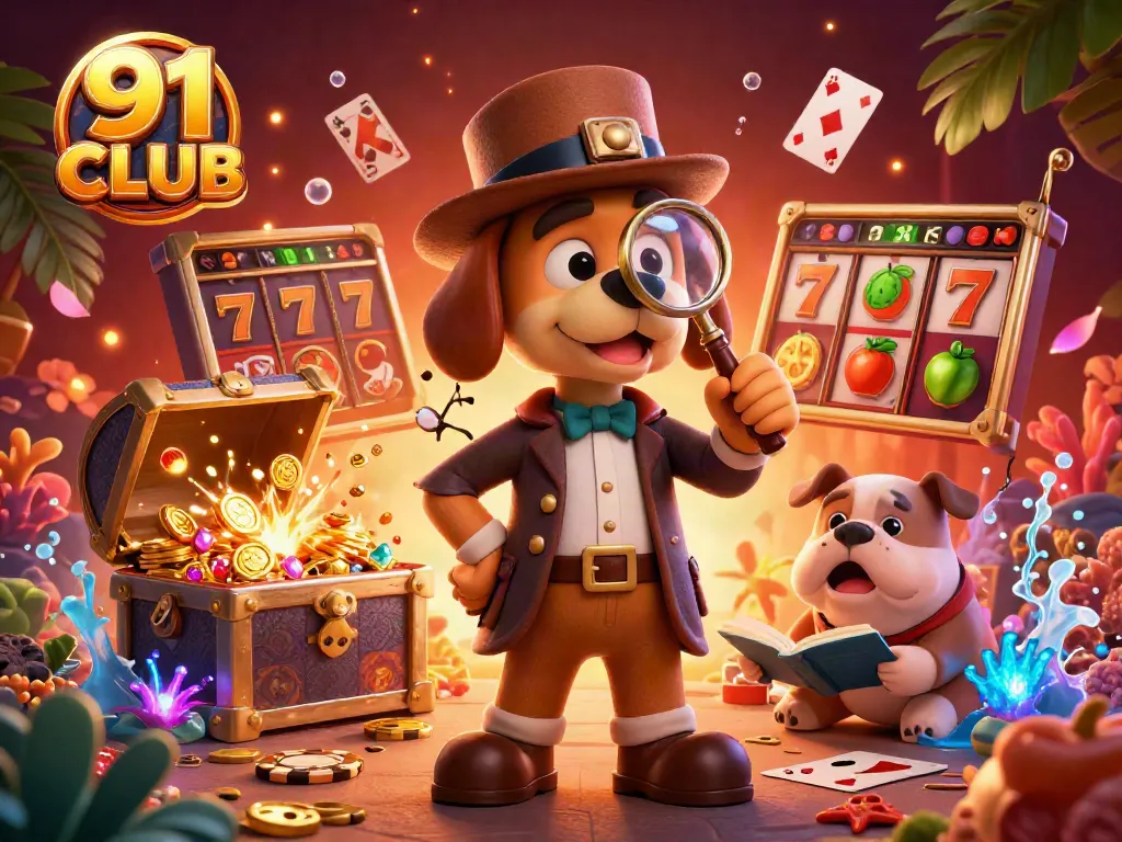 Experience the thrill of 91 CLUB with a cartoon detective uncovering a golden poker chip clue in a vibrant casino scene.