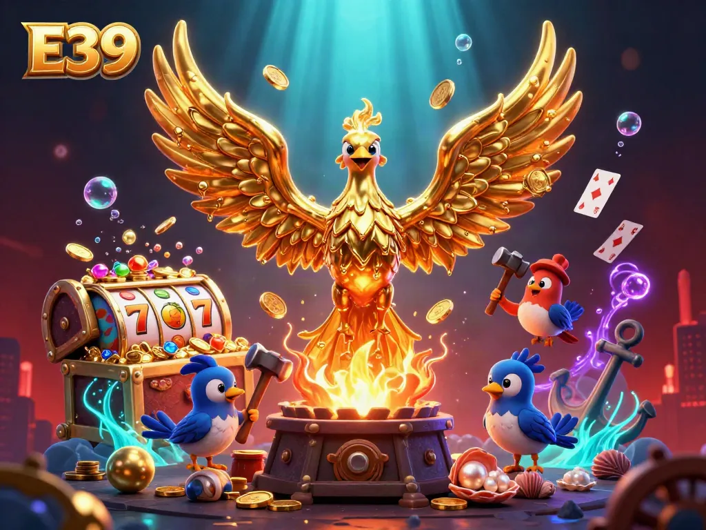 Experience thrilling E39 gaming with a molten golden phoenix amidst explosive casino symbols.