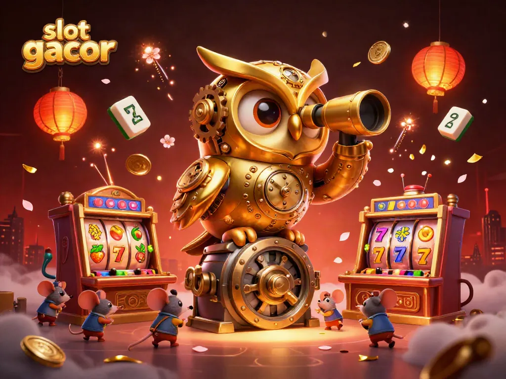 Experience the thrill of slot gacor with an energetic scene featuring a golden clockwork owl and vibrant casino elements.