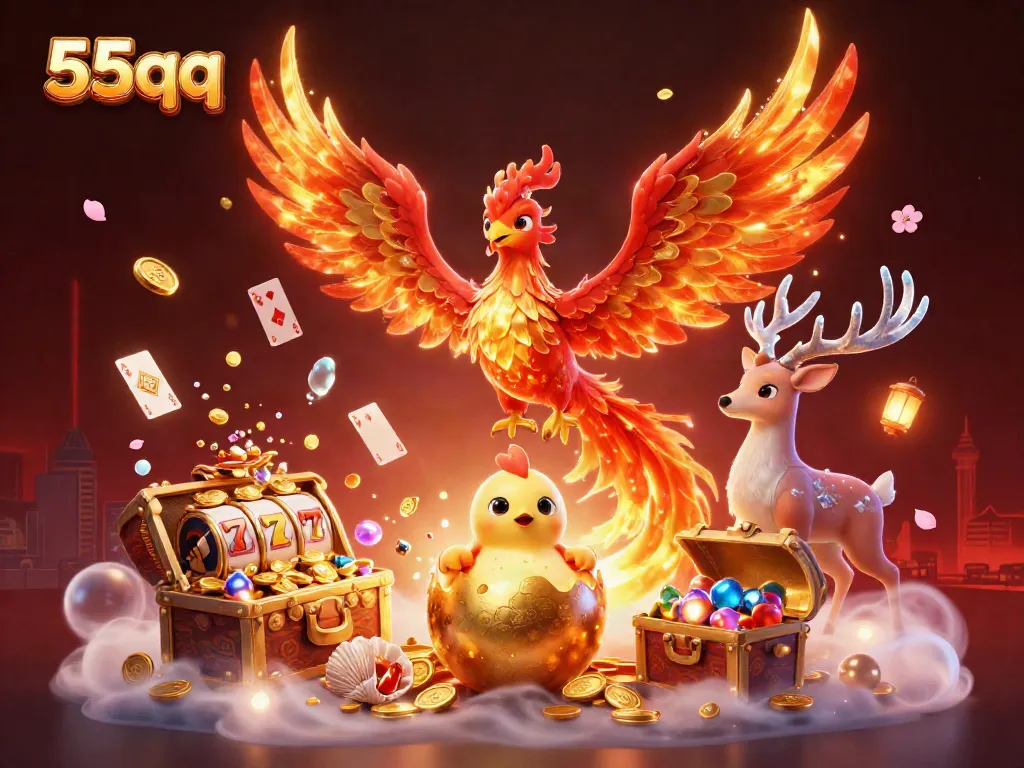 Experience thrilling wins with 55qq and a spectacular phoenix in this vibrant casino scene.