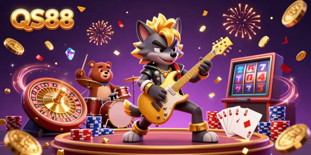 Experience QS88 with vibrant 3D characters enjoying a lively casino atmosphere filled with gold coins and poker chips.