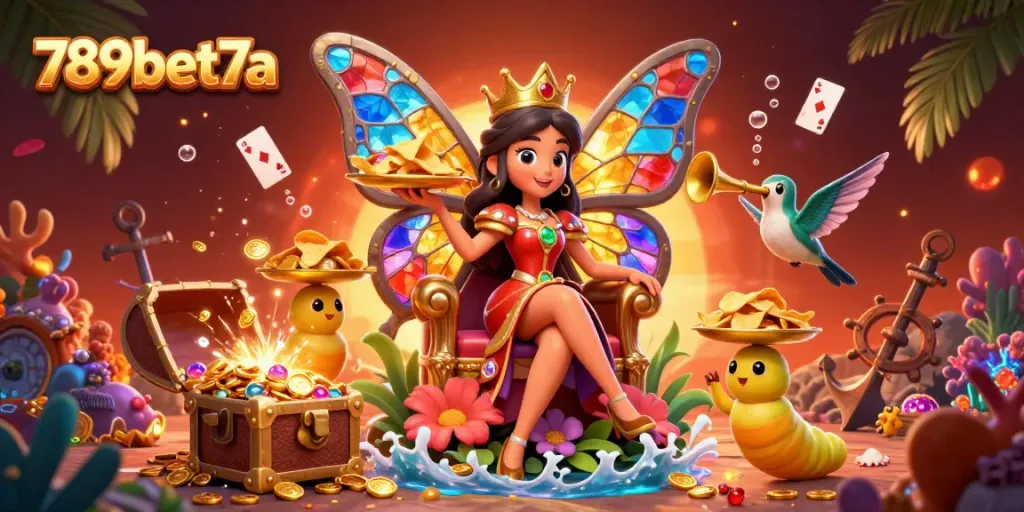 Experience vibrant casino adventures with 789bet7a, featuring a colorful butterfly queen and gold treasures.