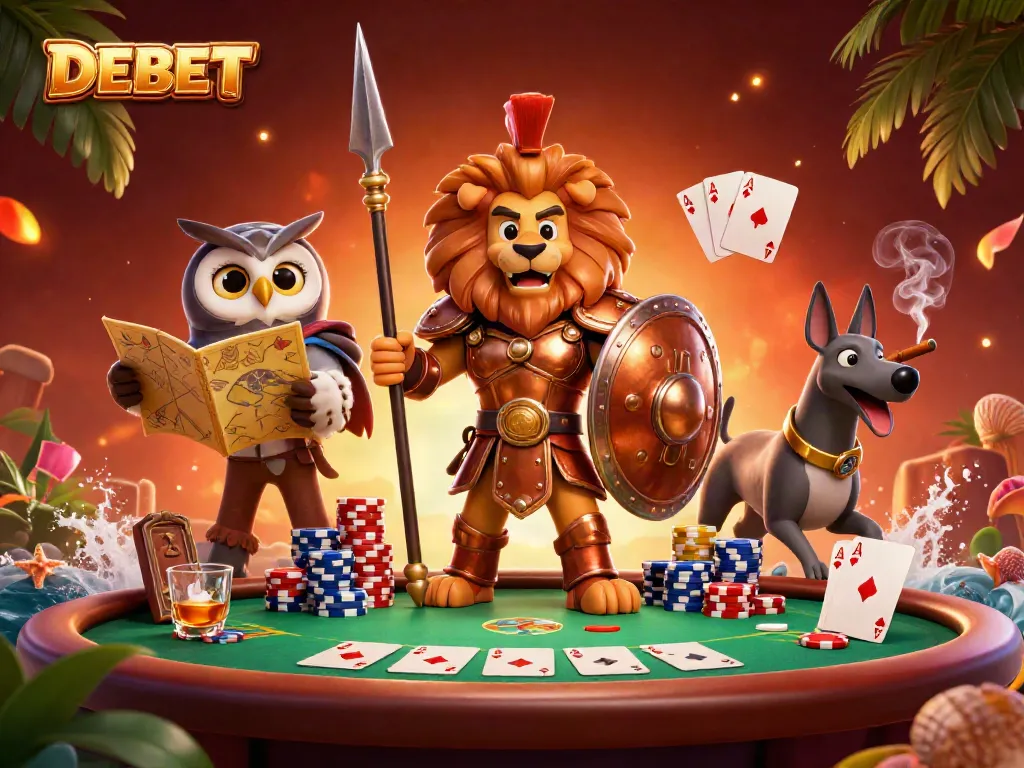 Engage with DEBET's immersive casino world featuring vibrant characters and poker elements.