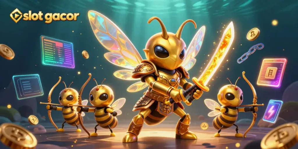 Gambarkan slot gacor dalam ilustrasi 3D penuh warna dengan karakter menarik dan elemen kasino.