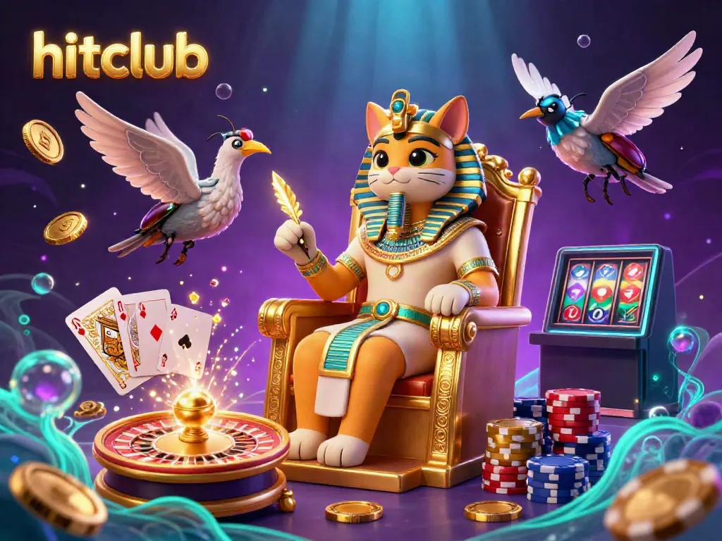 Engage with the thrilling world of hitclub casino featuring an Egyptian pharaoh cat, dazzling game elements, and lively casino atmosphere.