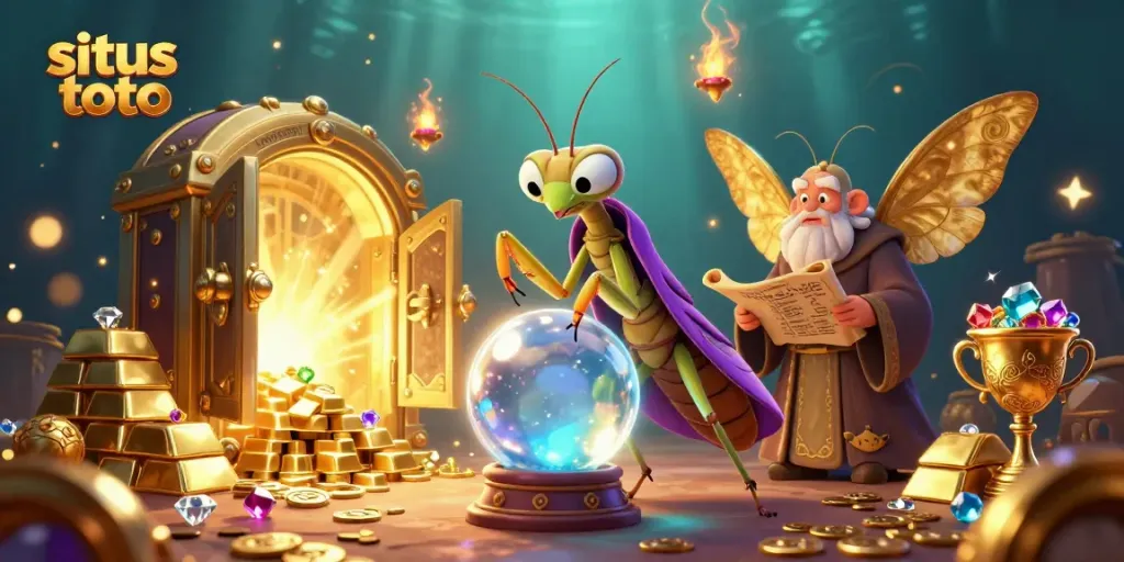 Engage with situs toto through a vibrant, mystical 3D scene of fortune tellers and treasure