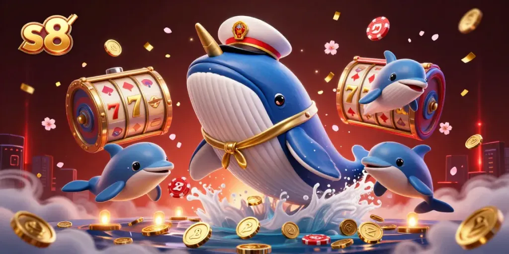 Play slots with s8 while a whale, narwhal, and dolphins perform in a sea of coins.
