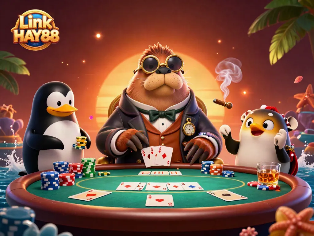 Experience poker action with Link HAY88's charming characters in an engaging 3D underwater casino scene.