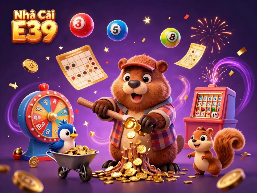 Enjoy the thrill of the game with Nhà Cái E39, featuring vibrant elements and excited characters in action.