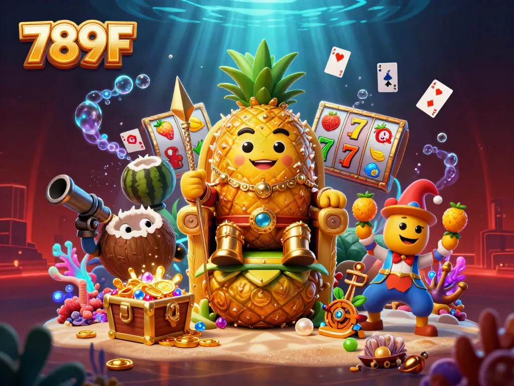 Engage with exciting casino action featuring 789F, a golden pineapple king amidst vibrant game elements.