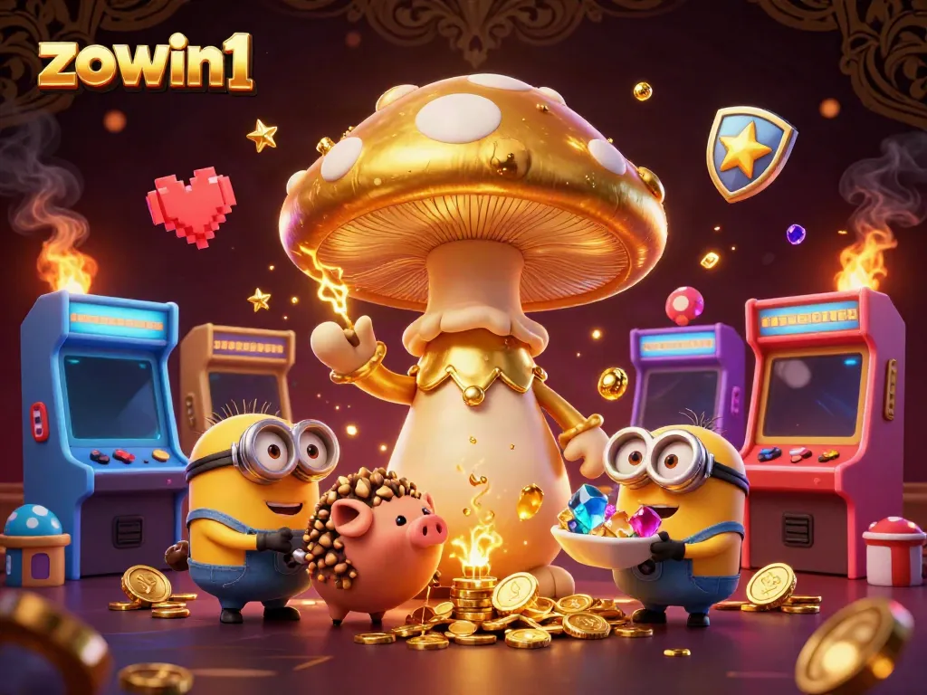 Experience the magic of zowin1 with a golden wizard, treasure-hunting pig, and vibrant casino elements.