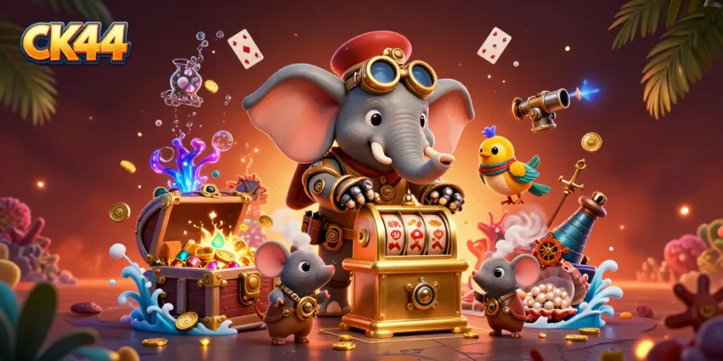 Experience the thrill of ck44 with an exciting steampunk-themed 3D casino illustration featuring dynamic gaming elements.