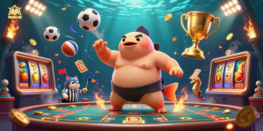 Engage with MANCLUB: a dynamic underwater casino scene featuring a fugu in a sumo mawashi, surrounded by game elements.