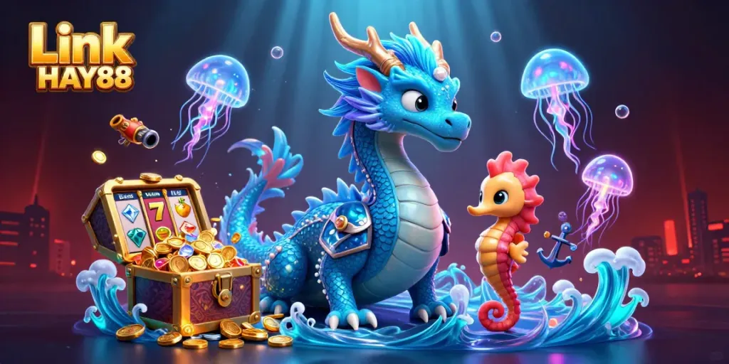 Engage in exciting slots action with Link HAY88, featuring vibrant aquatic characters and treasure.