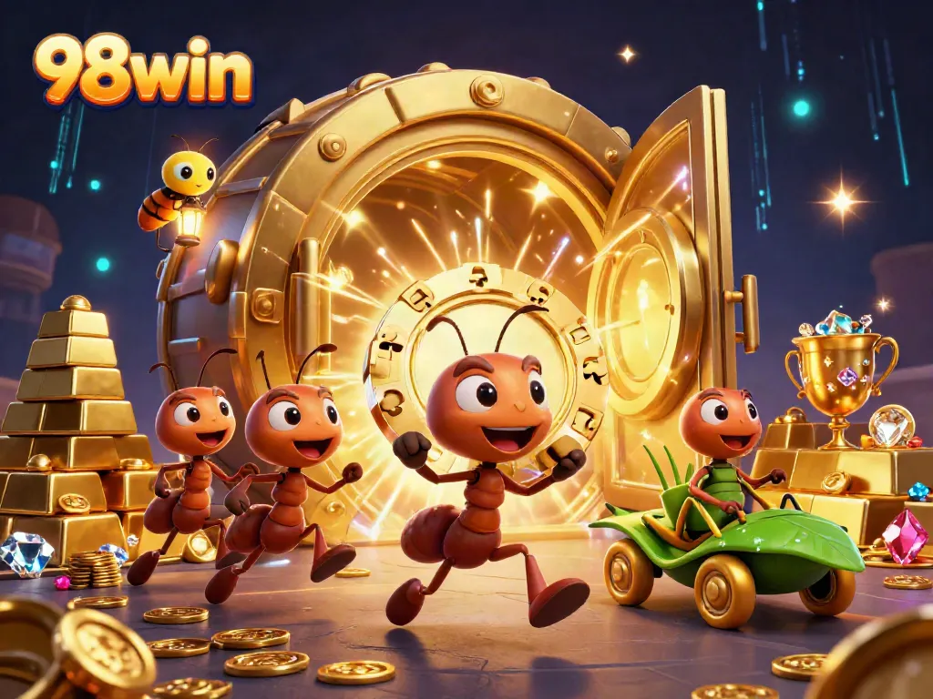 Engage with the vibrant 98win casino universe, showcasing cartoon ants in an entertaining heist.