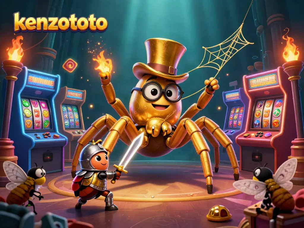 Experience thrilling gameplay at kenzototo with golden webs, glowing arcade games, and exciting casino elements.