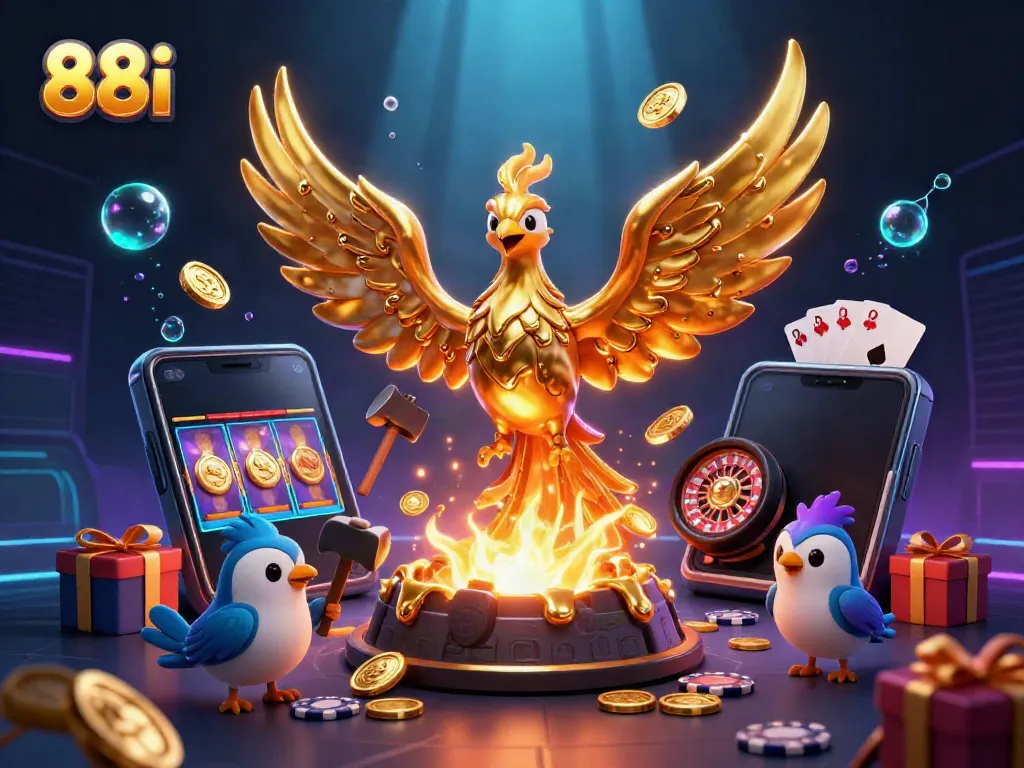 Engage with 88i's vibrant casino scene featuring a molten phoenix and lively gaming elements.