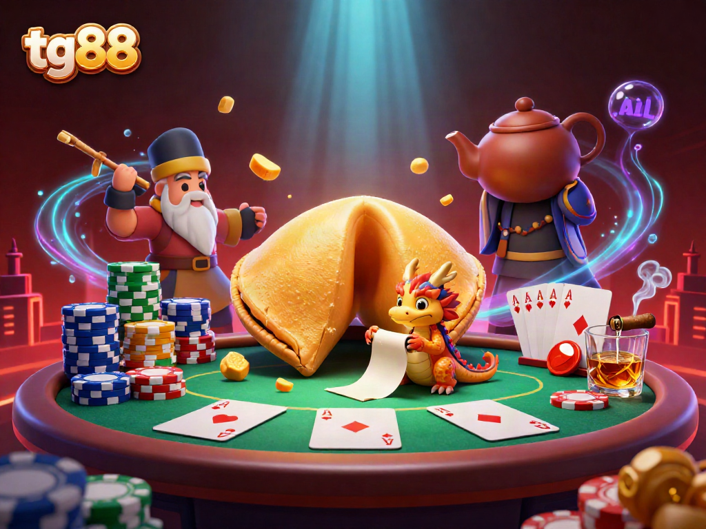 Engage in thrilling casino action with tg88's vibrant gaming scene featuring a fortune cookie and poker elements.