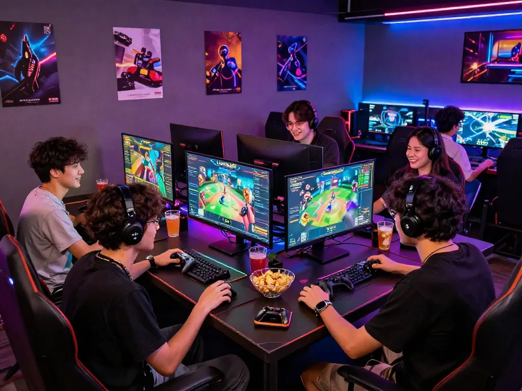 Group of friends enjoying Lumbung88 gaming night with vibrant atmosphere