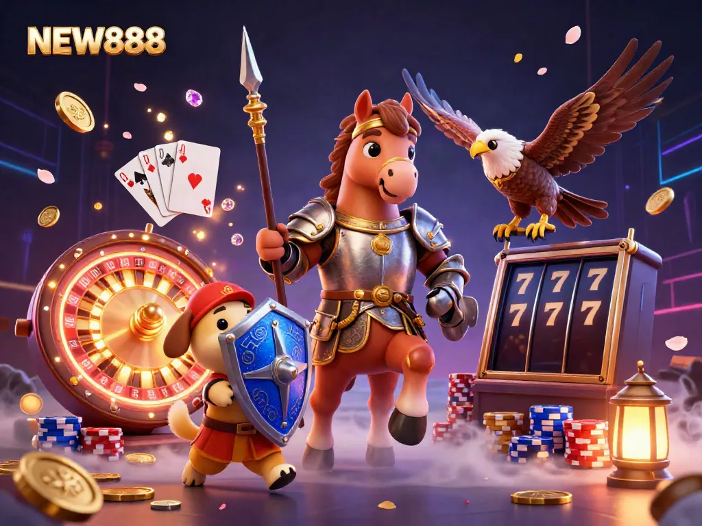 Engaging 3D scene showcasing NEW888 with a knight, puppy, and falcon amidst casino elements like coins and roulette.