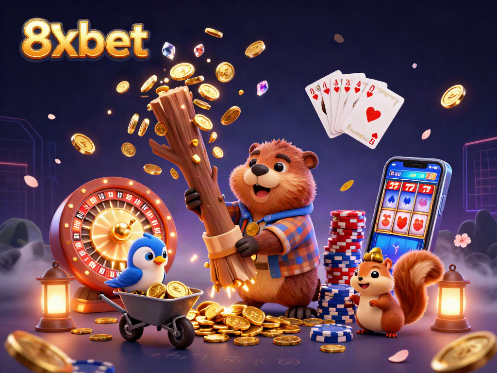 Engage with the thrilling ambiance of 8xbet, featuring a beaver collecting golden coins and gaming elements.