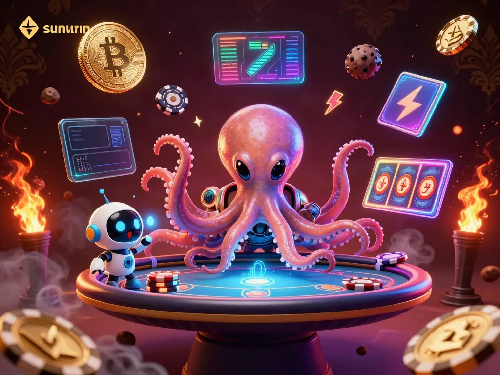 Experience the excitement of sunwin's vibrant gaming universe featuring a cosmic octopus at a holographic poker table.