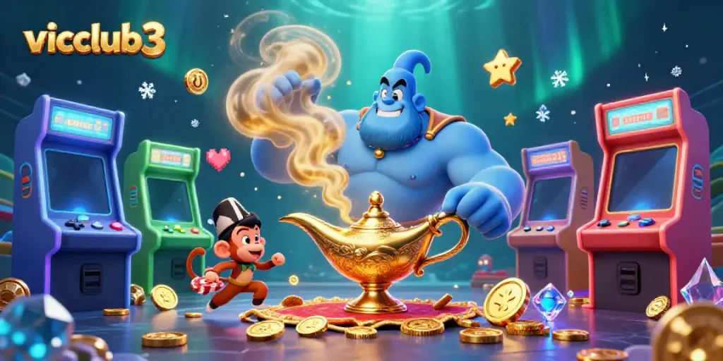 Experience the excitement of vicclub3 with a vibrant casino illustration featuring a genie, monkey, and poker chips.