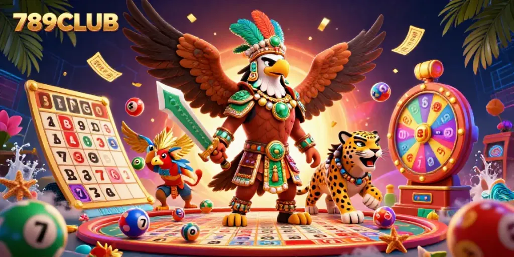 Engage with 789CLUB in this vibrant 3D gambling scene showcasing colorful lottery elements and dynamic characters.