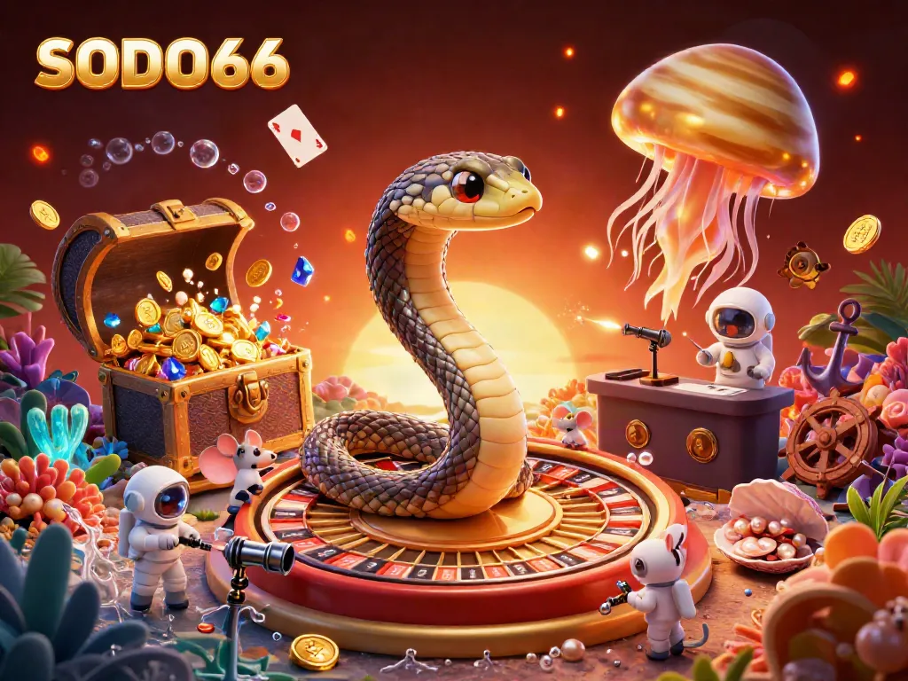 Experience vibrant gaming with SODO66 in this colorful 3D casino illustration featuring unique characters and elements.
