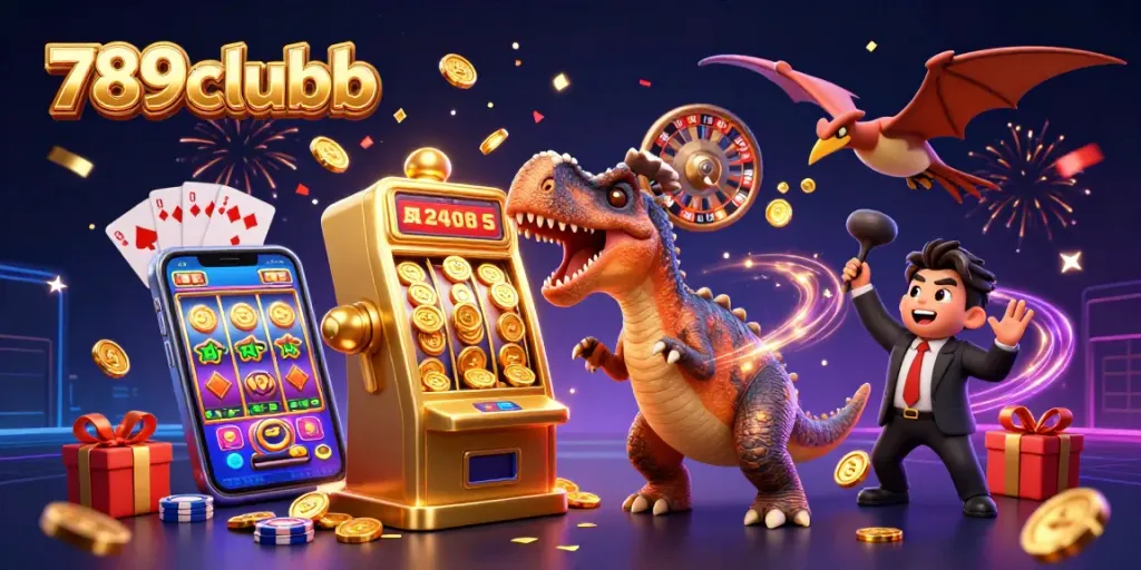 Earn jackpots with 789clubb in a vibrant casino scene featuring cartoon dinosaurs and games.