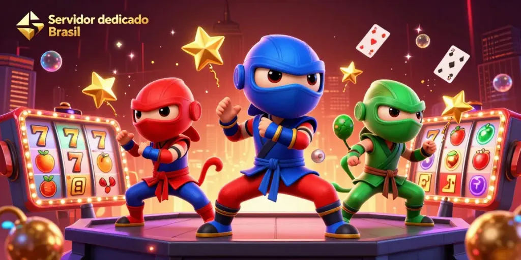Experience the excitement at Servidor dedicado Brasil with vibrant chameleon ninjas and casino elements.