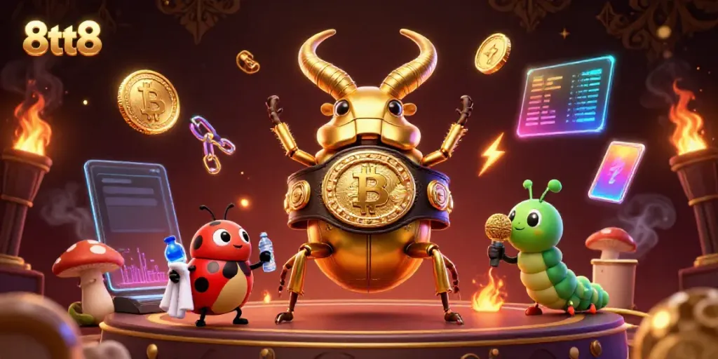 Engage with 8tt8 in a vibrant 3D casino scene featuring animated characters and digital assets.