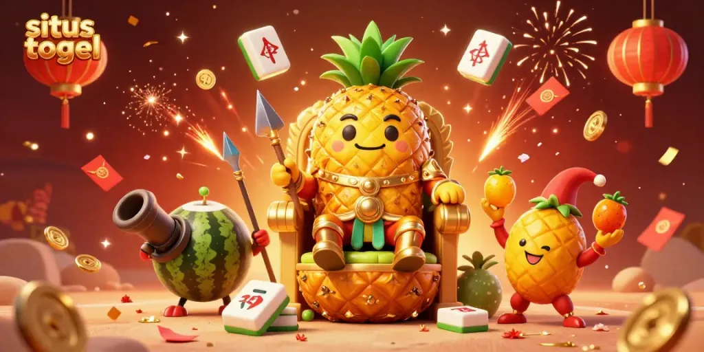 Experience the excitement of situs togel with vibrant casino elements surrounding a golden pineapple king.