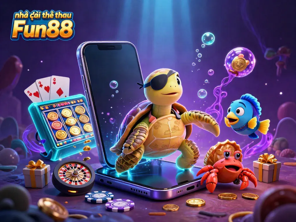 Engage with Nhà cái thể thao Fun88 in a vibrant 3D underwater scene featuring gaming elements and characters.