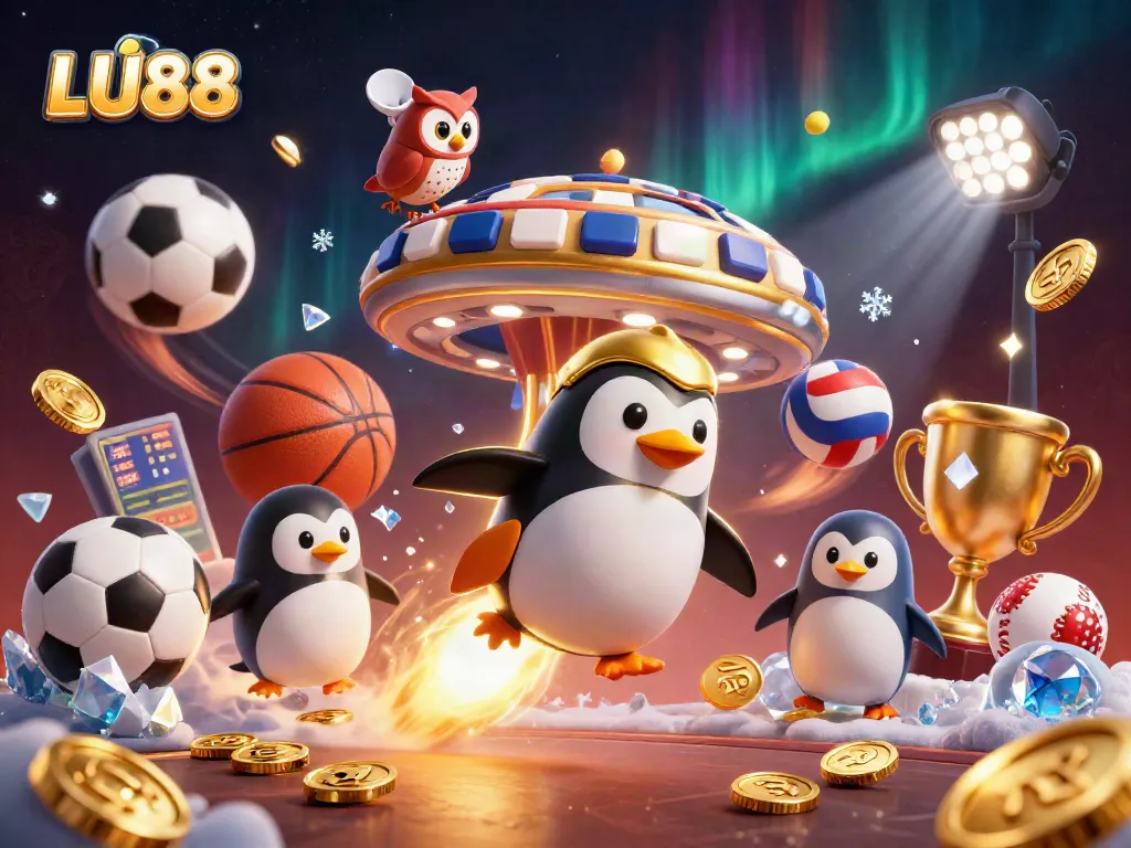 Experience LU88 action with a golden penguin racing to a casino space station, amidst vibrant sports elements.