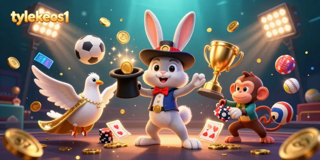 Experience gambling excitement with tylekeos1 as a magician rabbit pulls coins and cards surround dynamic sports elements.