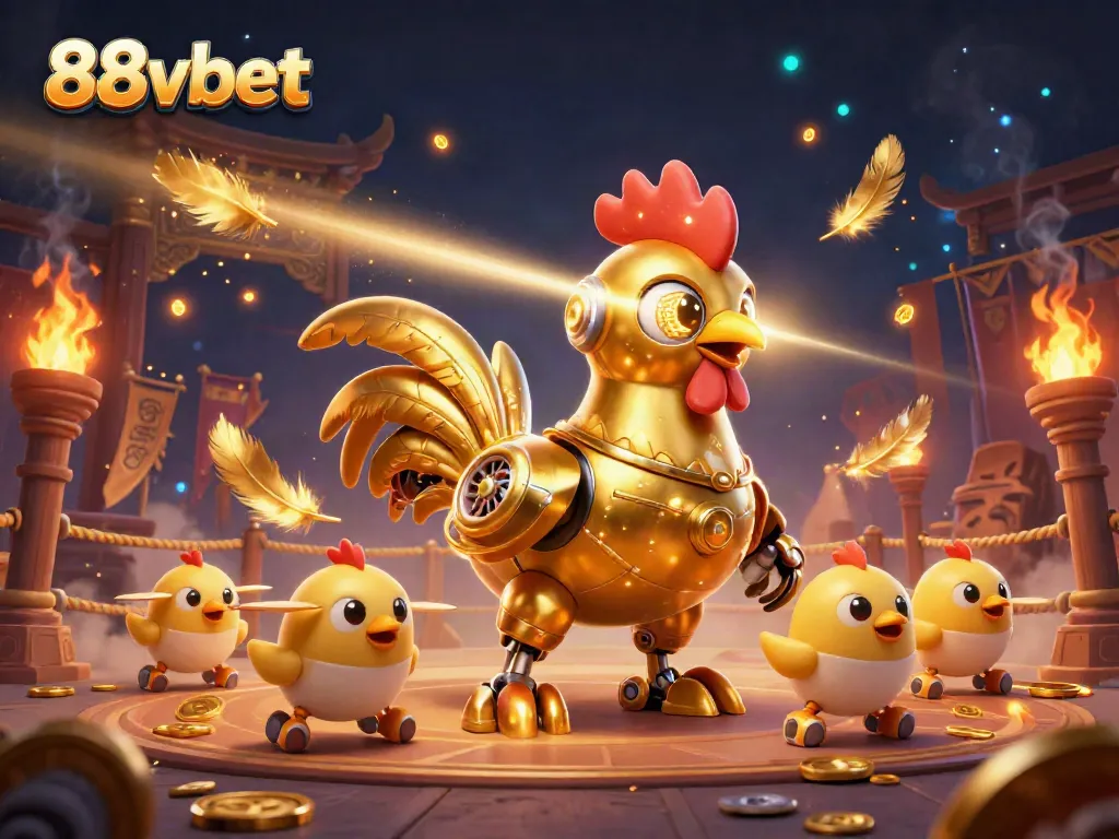 Bet on thrilling experiences with 88vbet's dynamic gaming scene featuring a golden rooster robot.